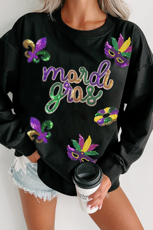 Sparkly Mardi Gras Sequin Sweatshirt | Round Neck Glitter Pullover for Festive Celebrations