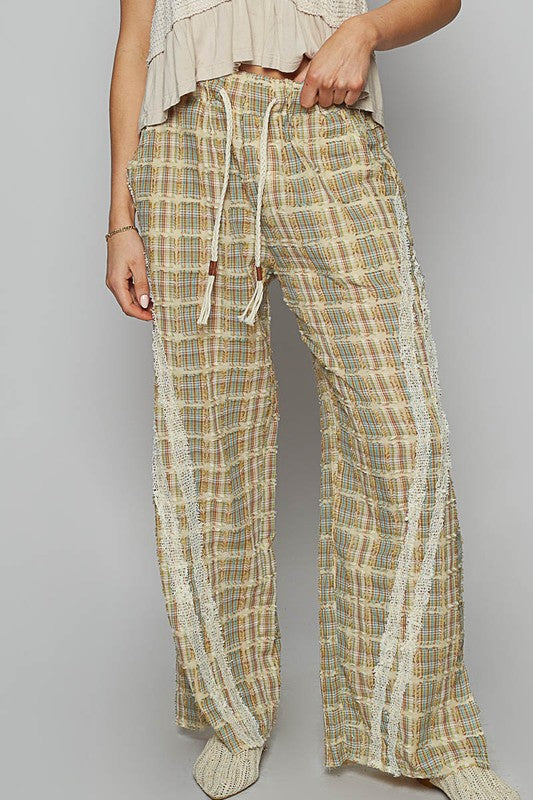 Stylish Checkered Wide-Leg Pants with Lace Trim & Drawstring Waist – Perfect for Casual & Chic Outfits