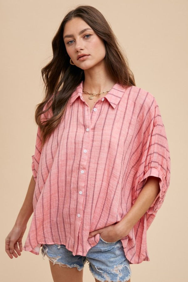 Stylish Striped Half-Sleeve Button-Up Shirt for Women | Casual & Comfortable