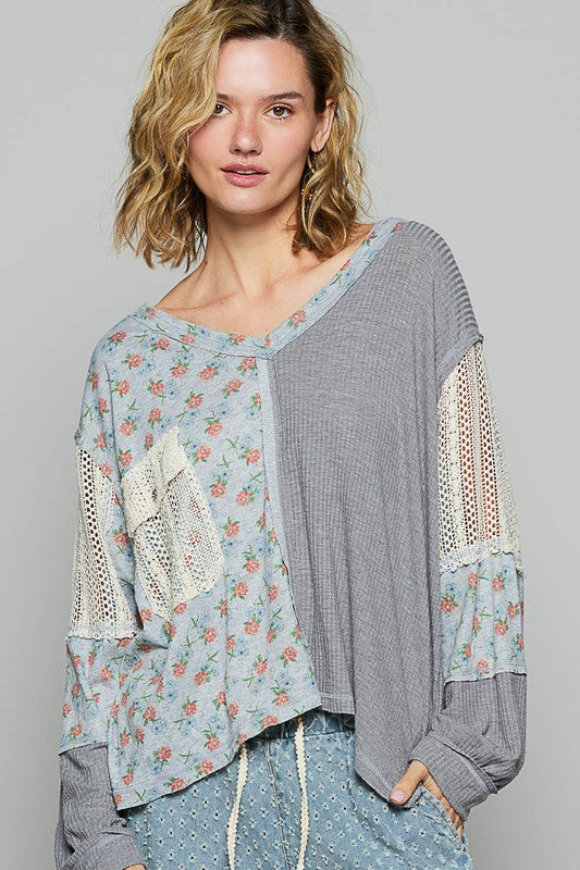 Women's Floral Crochet V-Neck Top – Boho Patchwork Blouse