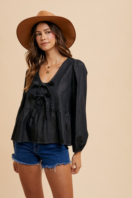 Stylish Tie-Front Peplum Denim Top with Long Sleeves – Perfect for Casual & Chic Outfits