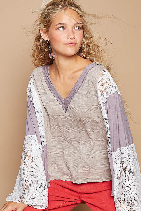 Elegant V-Neck Blouse with Lace Accents and Flared Sleeves – Perfect for Any Occasion