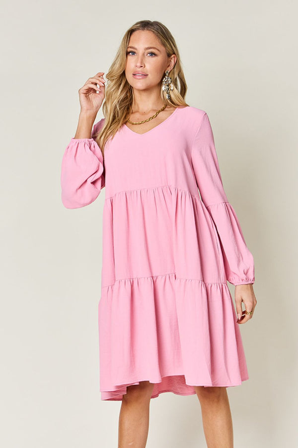 Chic V-Neck Balloon Sleeve Tiered Dress with Pockets - Flowy Casual & Formal Dress for Women