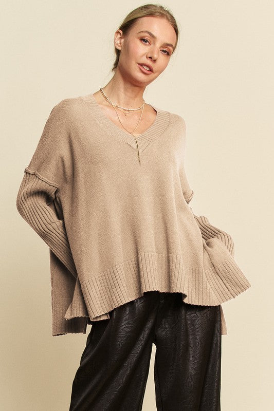 Stylish Ribbed V-Neck Sweater with Side Slits - Perfect for Casual & Chic Outfits