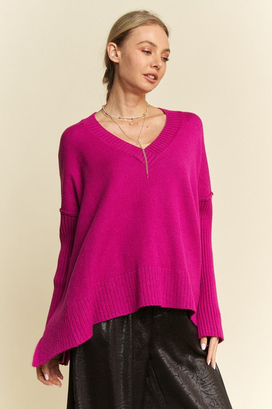 Stylish Ribbed V-Neck Sweater with Side Slits - Perfect for Casual & Chic Looks