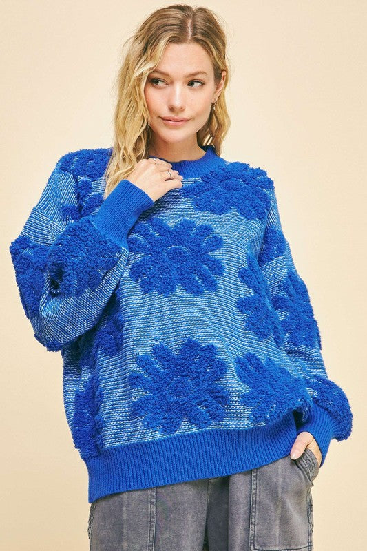 Chic Floral Pattern Round Neck Drop Shoulder Sweater | Soft & Cozy Pullover